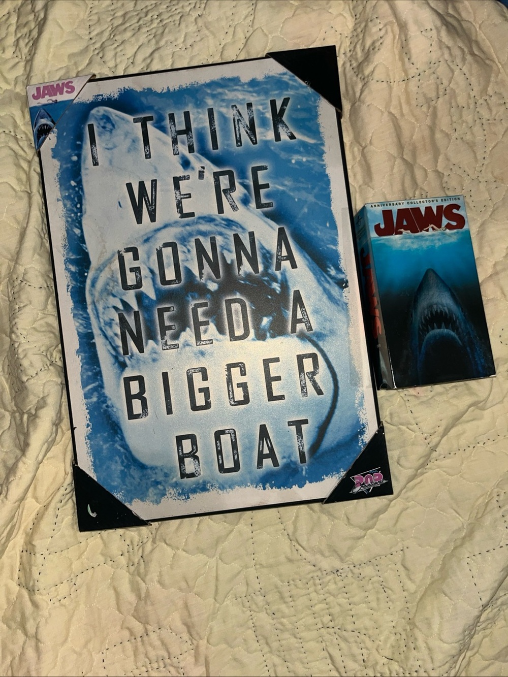 JAWS Movie Memorabilia Lot - Pop Creations Wood Wall Plaque Sign 13x19 & VHS Set